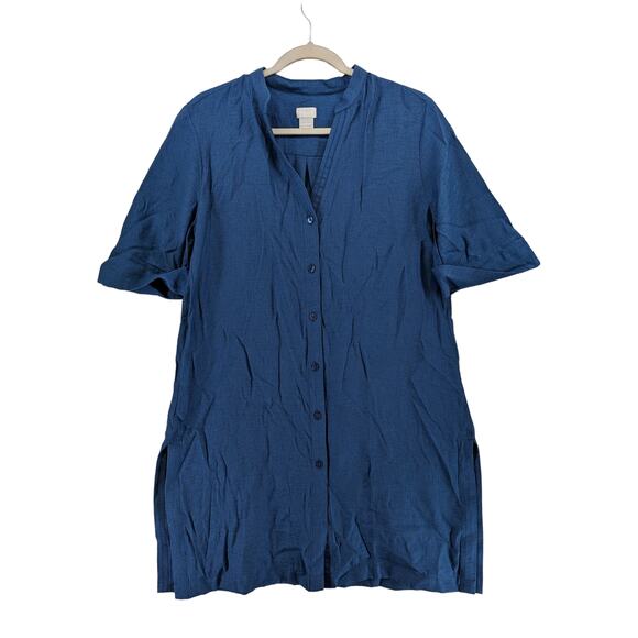 Chico's Shift Dress 8/10 Blue Button Front Split V Neck‎ Short Sleeve Slit Shirt - Picture 10 of 11